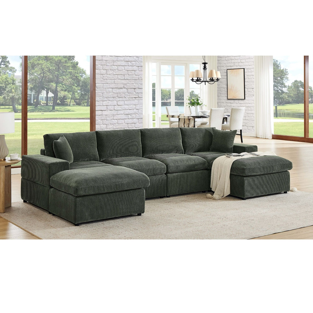 Upholstered Symmetrical Modular Sectional With 6 Seating Options And Movable Ottomans - Dark Green