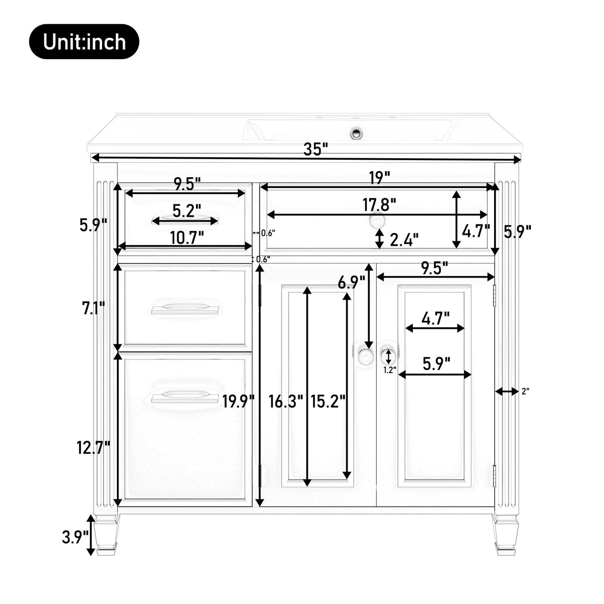 Modern Bathroom Vanity With Ceramic Sink, Freestanding, One Tip Out Drawer, 3 Side Drawers, Adjustable Shelf