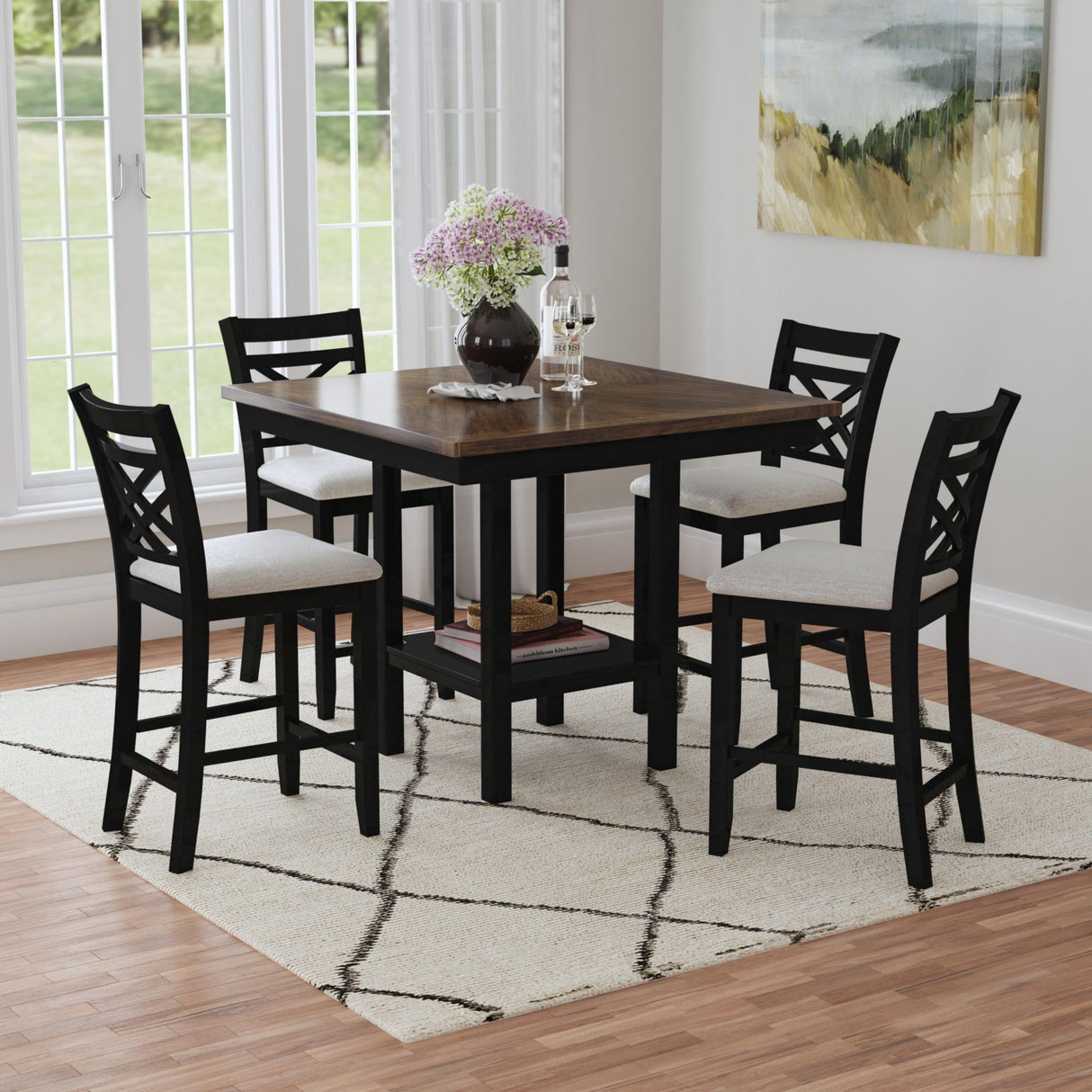 Brooks - 5 Piece Counter Set With Table And 4 Upholstered Seat & Wood Back Chairs - Medium Brown & Black