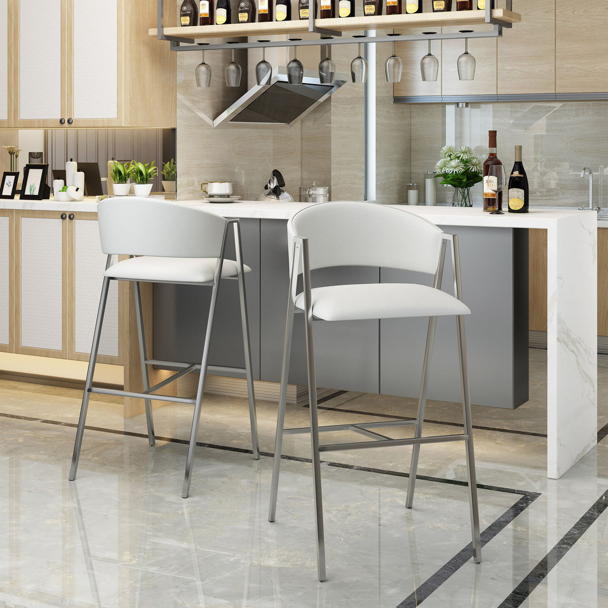 Modern Bar Stools With Low Back And Arms And Durable Metal Frame (Set of 2) - Ivory