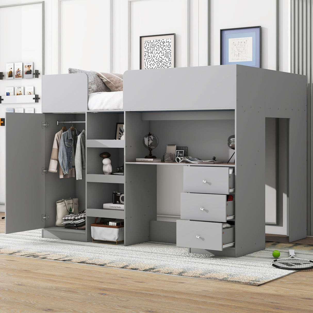 Loft Bed With Built In Wardrobe, Desk, Shelves, And Drawers