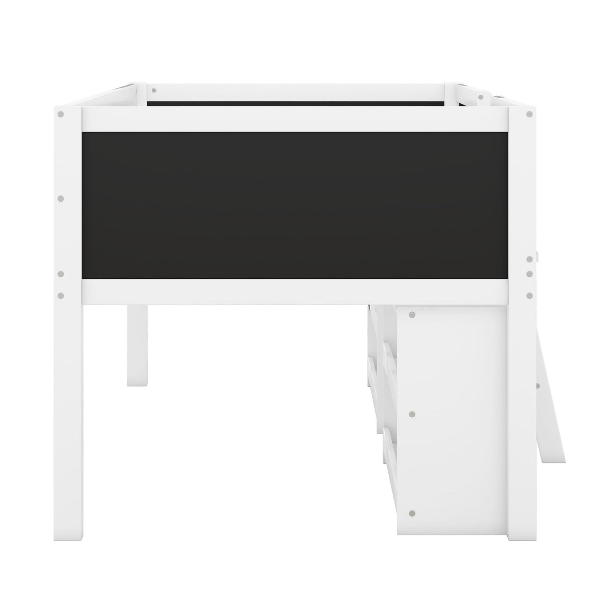 Low Loft Bed With Movable Shelves And Ladder, Decorative Chalkboard Guardrail