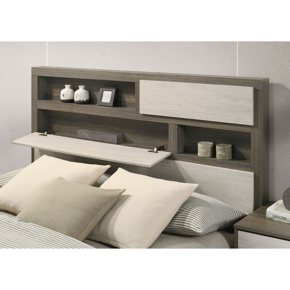 Eastern King Bed Bookcase Headboard With Hidden Storage - Oak