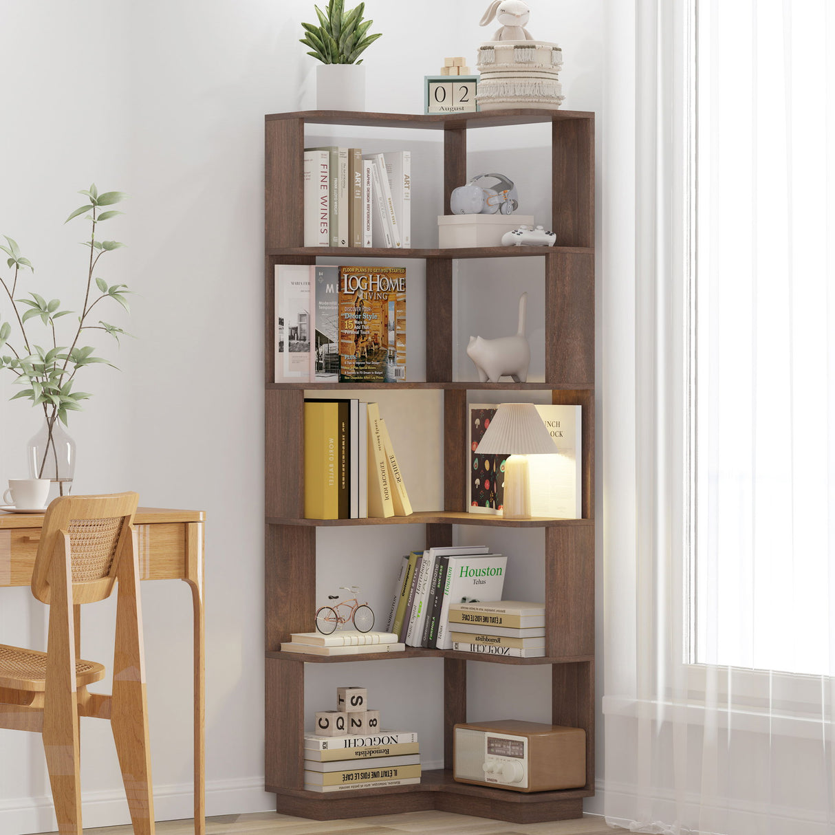 6 Tier Freestanding L-Shaped Corner Bookshelf For Living Room - Dark Brown