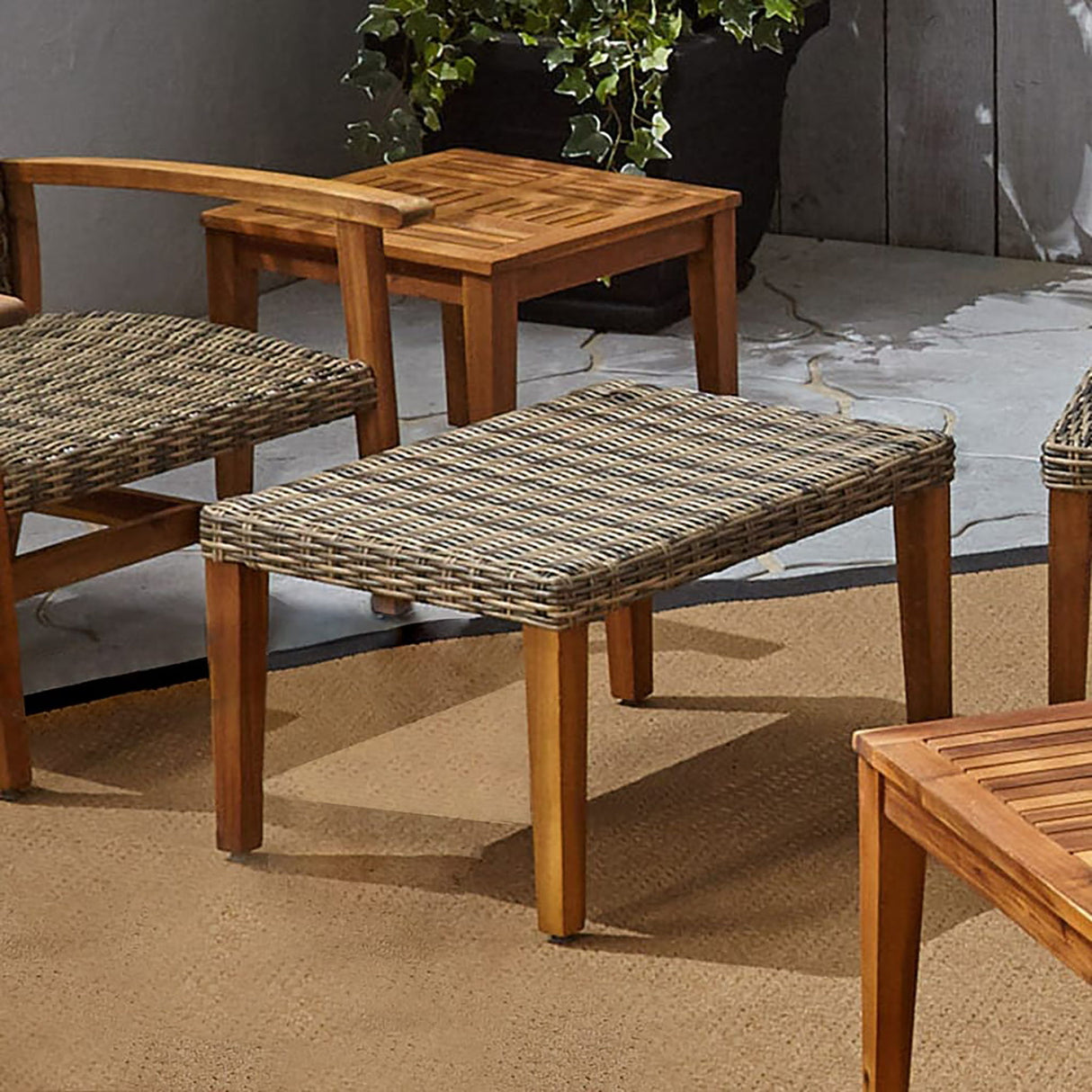 Outdoor Rattan Wicker Ottomans - Gray