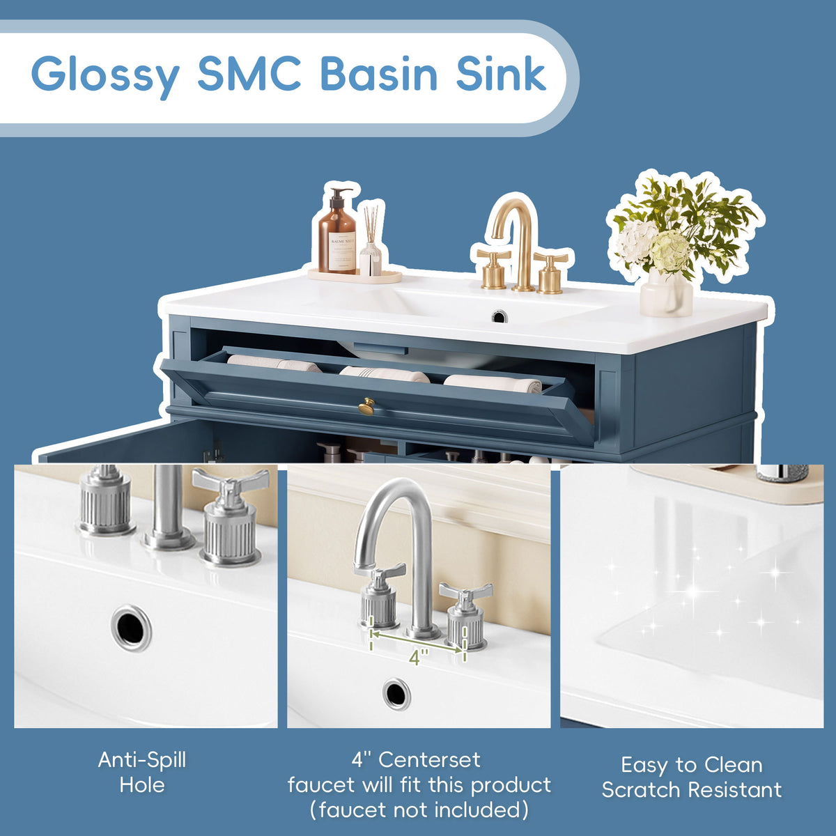 Bathroom Vanity With Sink, Rectangular Storage Cabinet & 2 Drawers And Tip Out Drawer