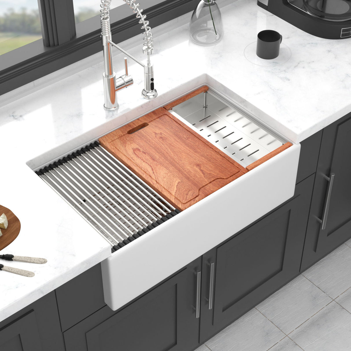 Farmhouse Sink Workstation, Ceramic Single Bowl With Accessories