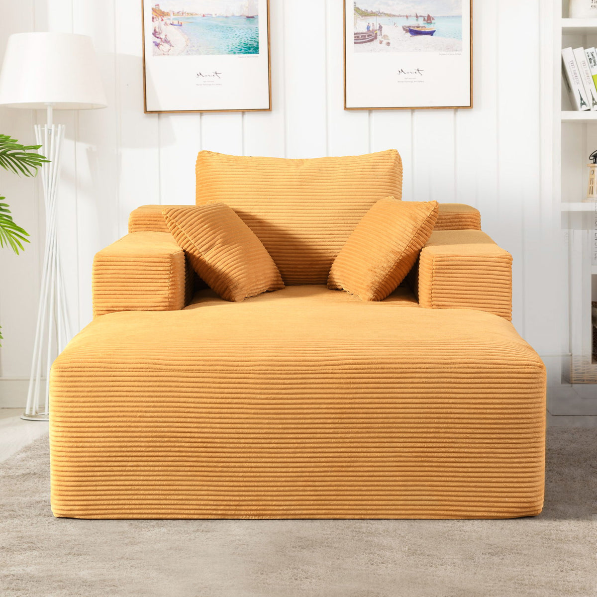 Convertible Chaise Lounge Chair With Wide Armrest & Throw Pillows