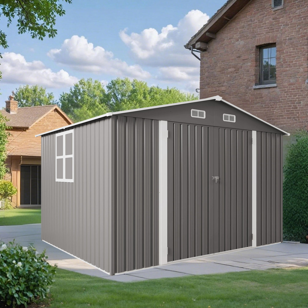Large Metal Outdoor Storage Shed With Lockable Door, Air Vent, And Clear Window For Garden Tools And Bicycles - Gray