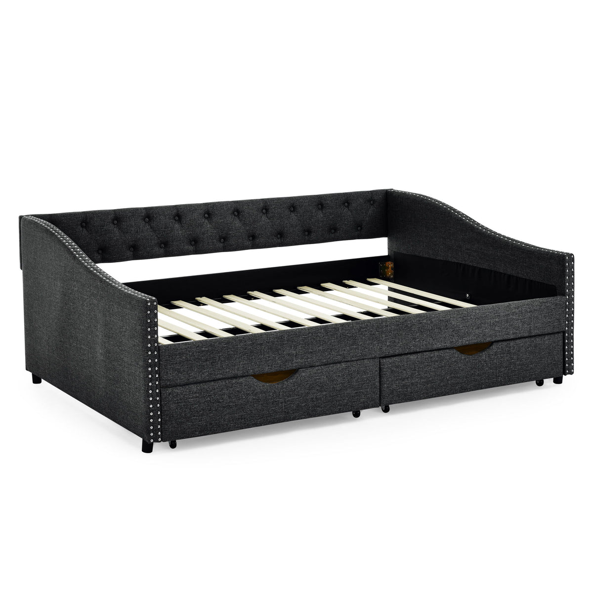 Upholstered Tufted Daybed With 2 Drawers, Waved Arms