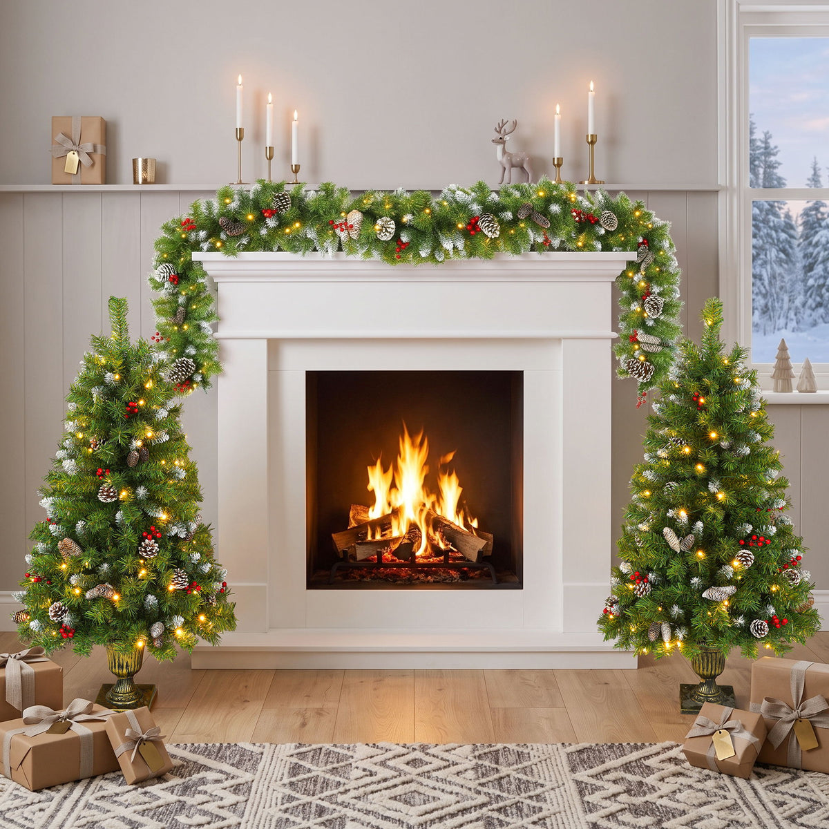 Pre Lit Artificial Christmas Tree Set With LED Lights, 3 Piece Garland And Entrance Trees, Warm Lighting, Indoor Use Only - Green