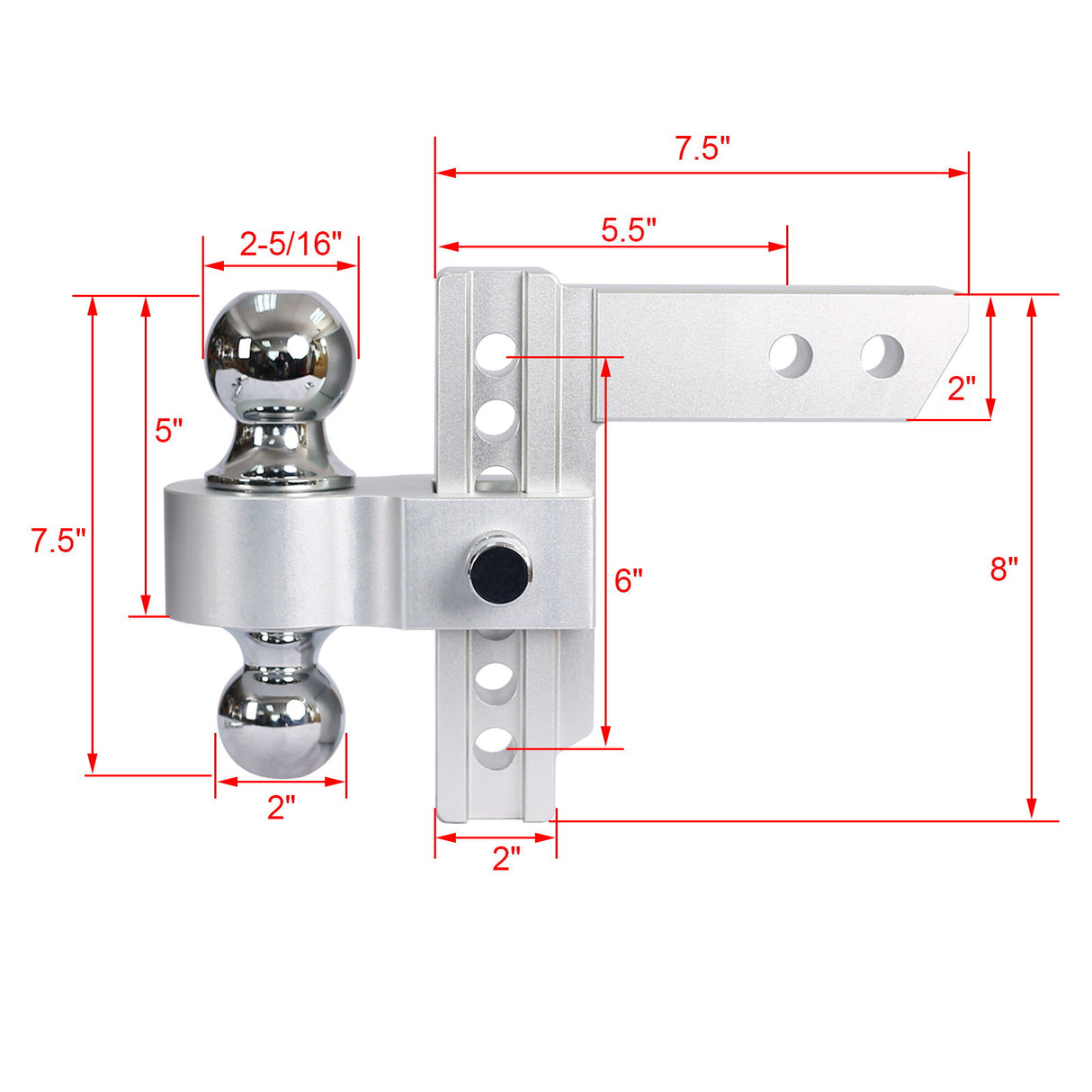 Alu - Adjustable Trailer Drop Hitch With 2" Receiver, 6" Adjustment - Silver