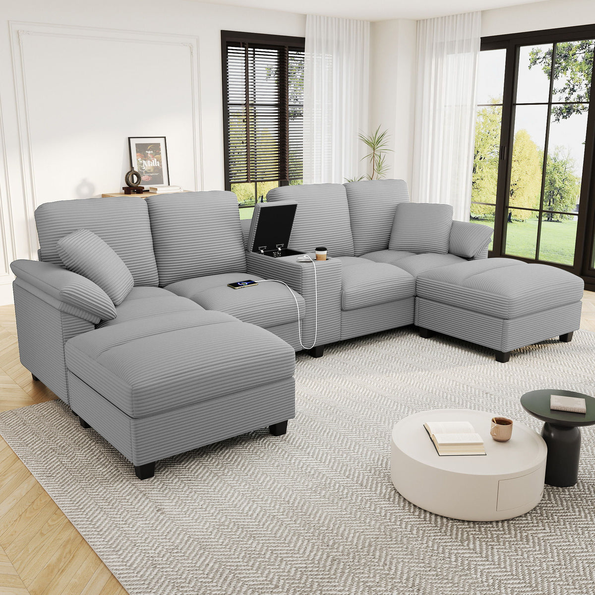 Modern U - Shaped Sectional Sofa With Storage Ottomans, USB Ports, And Cup Holders