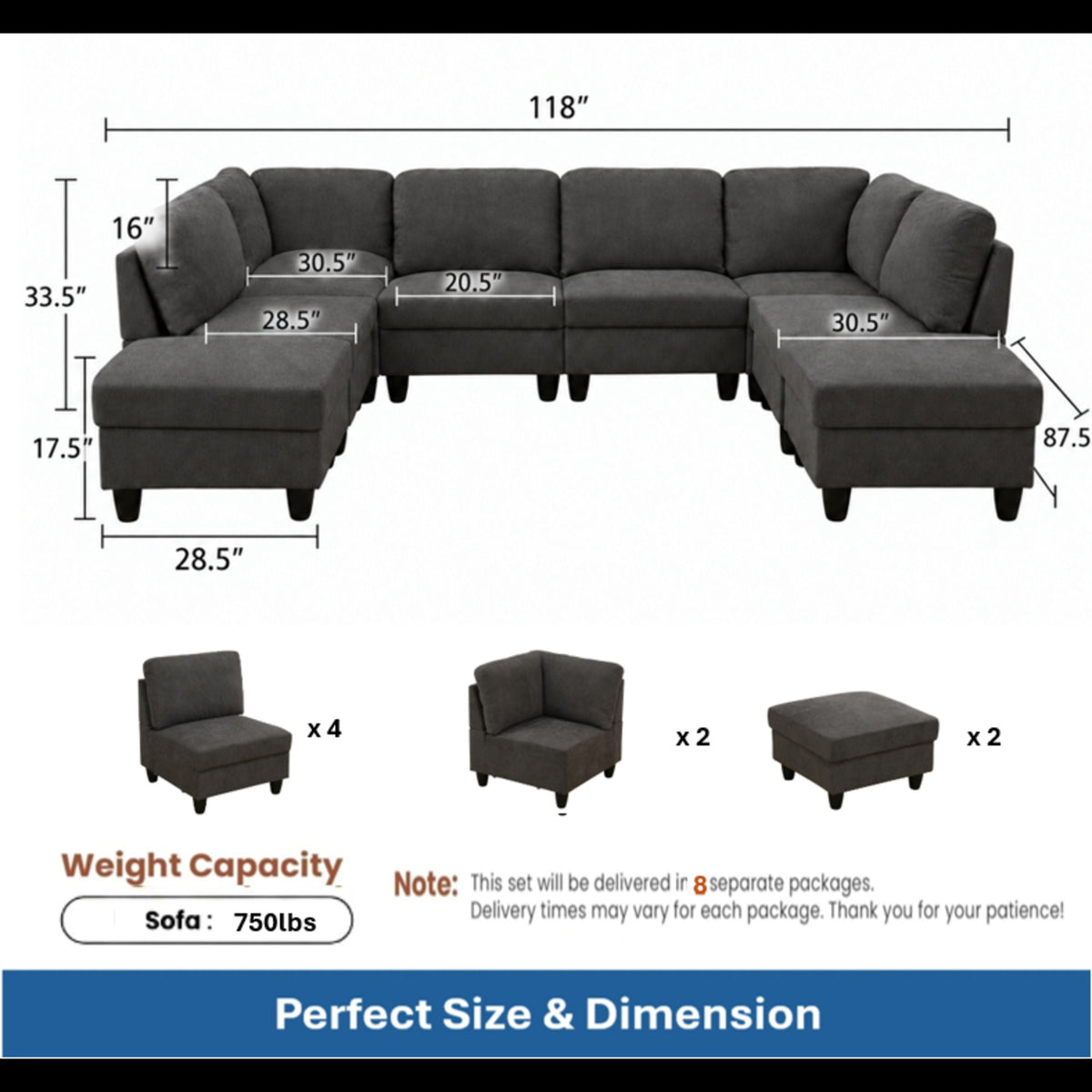 8 Piece Modular U - Shape Sectional Sofa