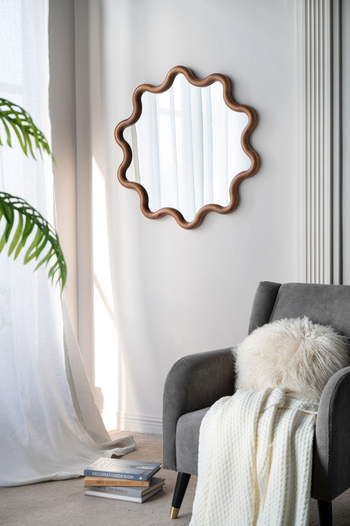 Wooden Accent Mirror With Unique Frame, Wall Mirror For Living Room Bedroom Entryway - Brown - Wall Mirrors - Alpine Outlets