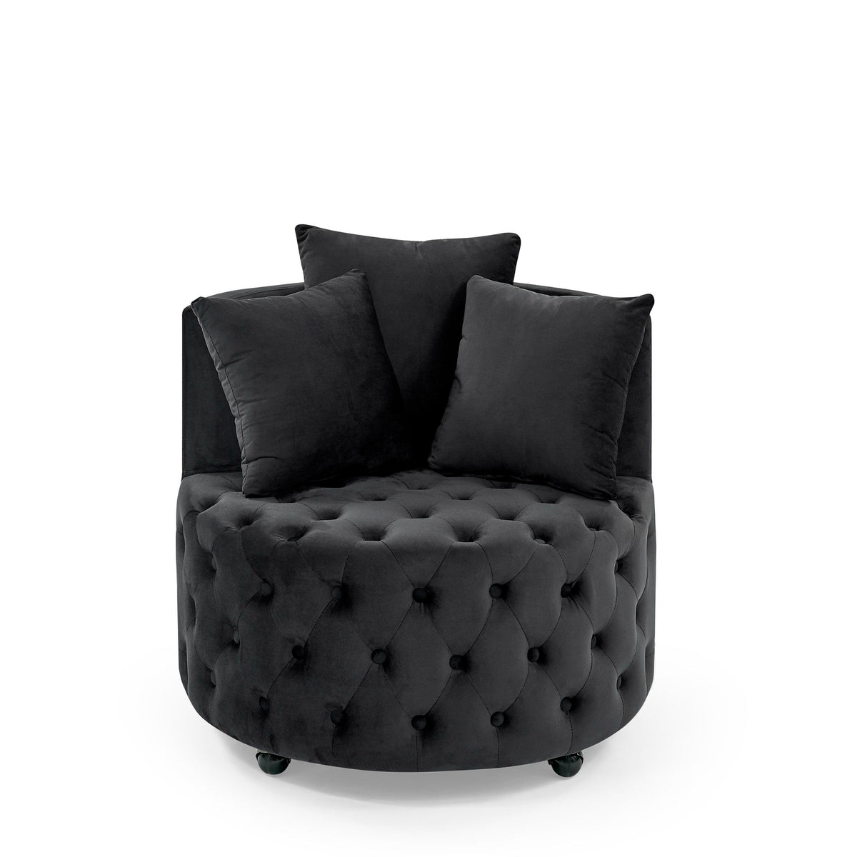Modern Velvet Upholstered Swivel Chair With Button Tufted Design Movable Wheels 3 Pillows - Black