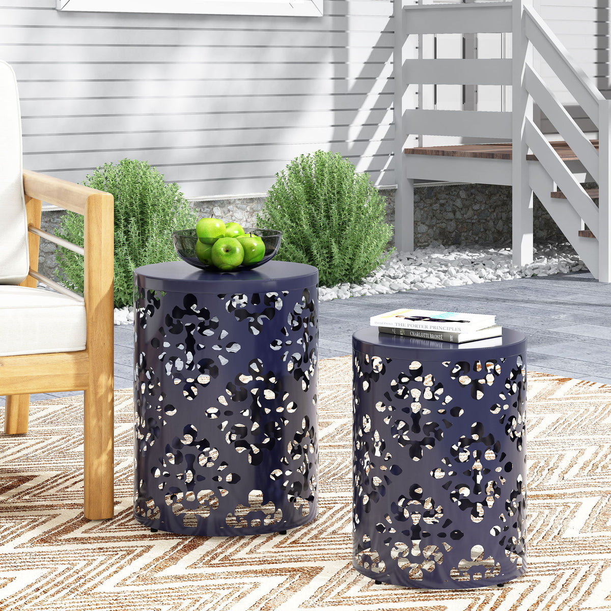 Modern Iron Cut Design End Table (Set of 2) - Navy Blue