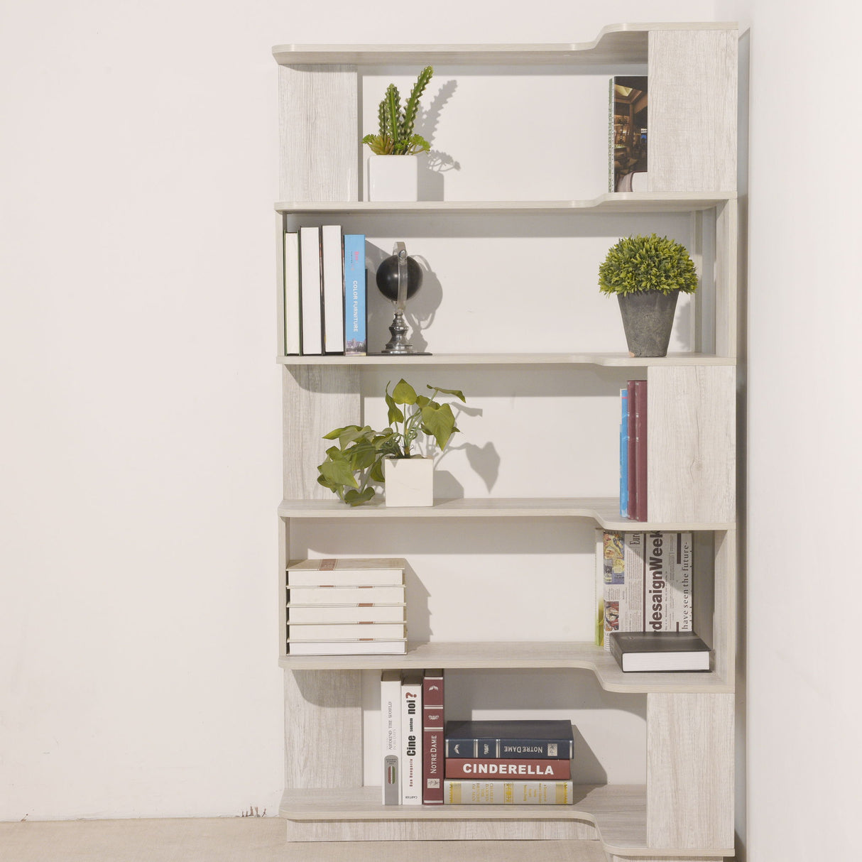 Extended Corner Bookshelf For Living Room - Light Gray