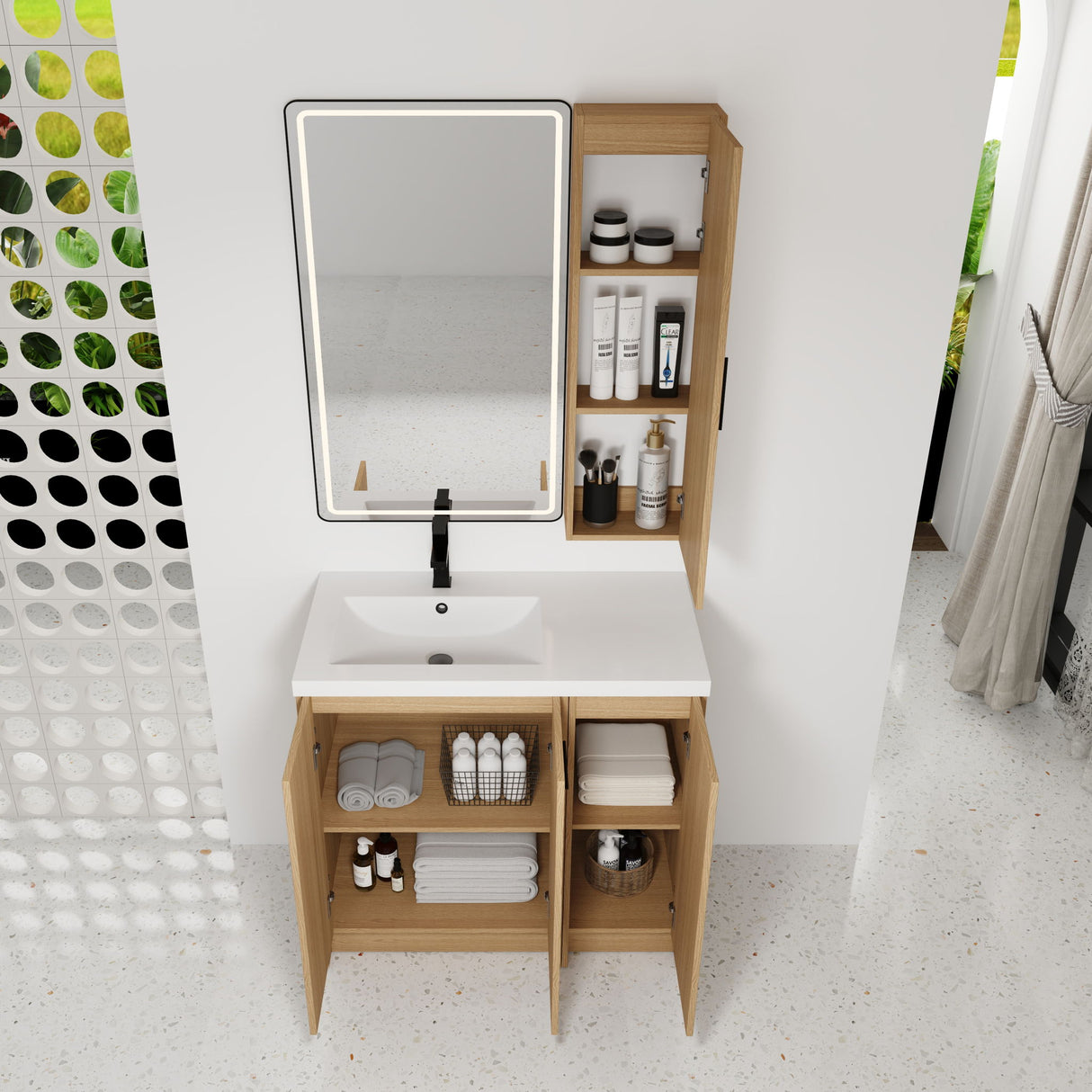 Freestanding Bathroom Vanity Set With Tall Linen Cabinet, 3 Door Storage Cabinet, Single Sink
