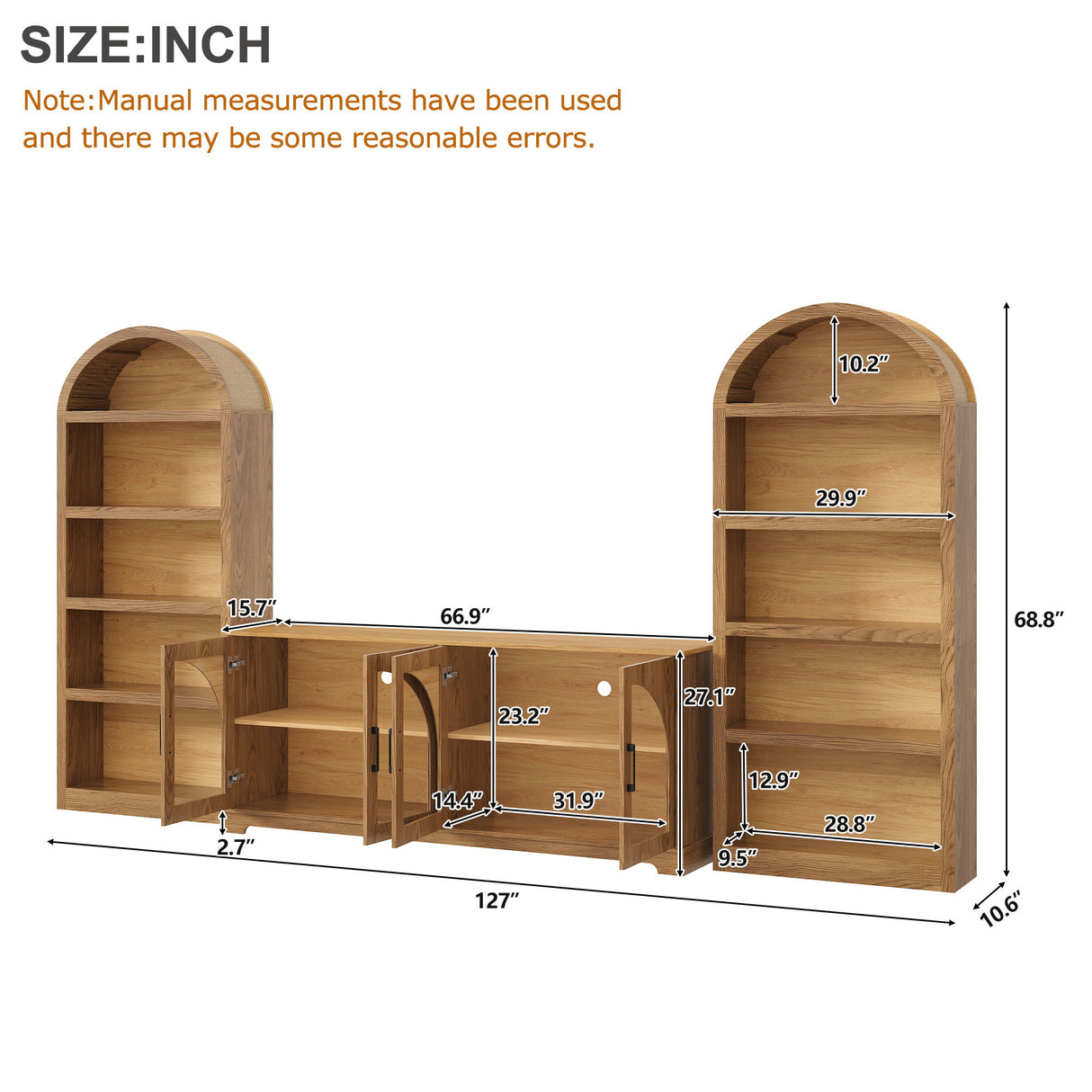 3 Piece TV Stand Set With Bookshelf With Arched Design For Living Room - Brown