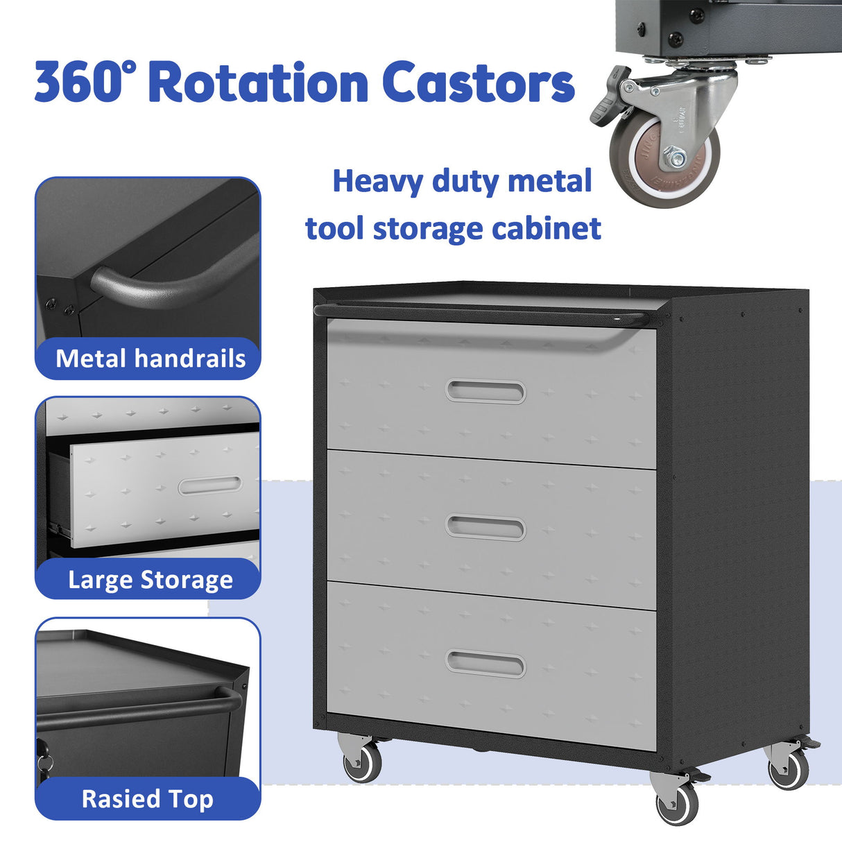Heavy Duty Metal Storage Cabinet With Wheels 3 Drawer Tool Cabinet For Garage, Office, And Home Organizer Solutions