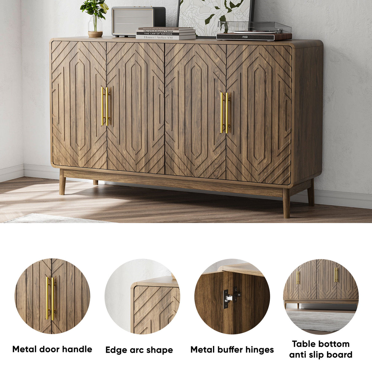 Modern Carved 4 Door Sideboard Buffet Cabinet With Storage, Adjustable Layer Board - Walnut