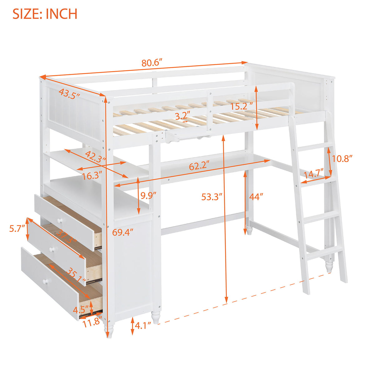 Loft Bed With Drawers With Desk And Shelves