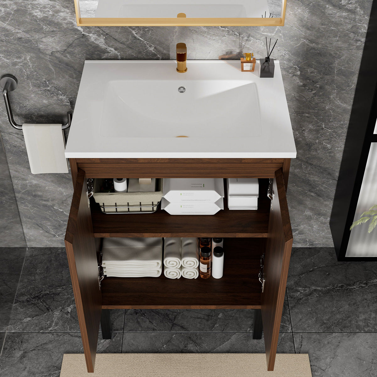 Bathroom Vanity With Ceramic Sink, Floor-Standing Design, Soft-Closing Drawers