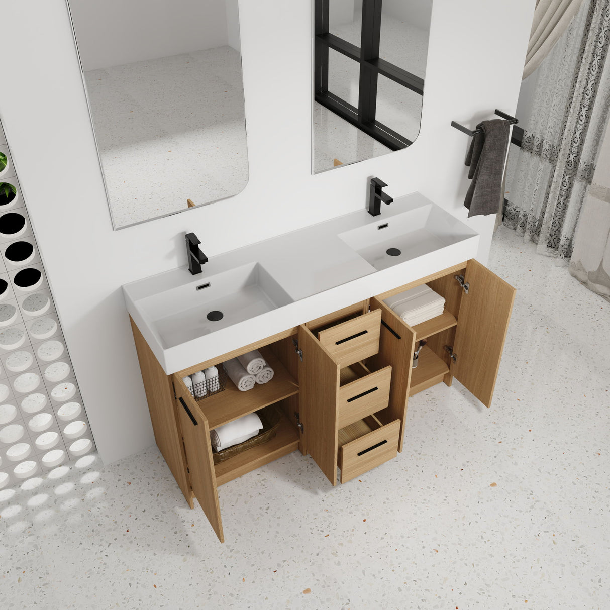 Double Sink Bathroom Vanity With 3 Drawers, Large Storage, Integrated Sink, Freestanding Cabinet, Soft Close Hardware - Glossy White / Light Oak