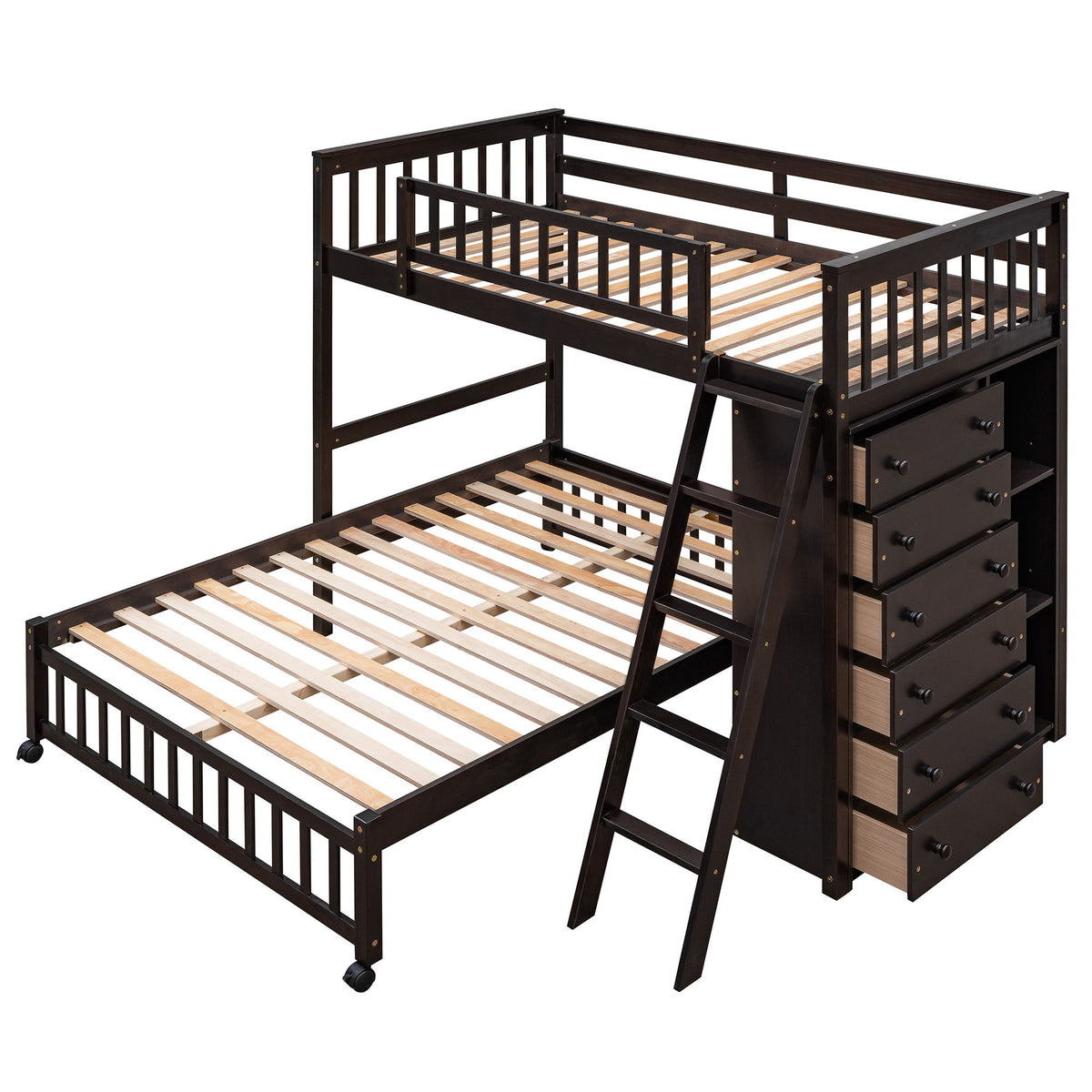 Bunk Bed With 6 Drawers And Flexible Shelves, Bottom Bed With Wheels