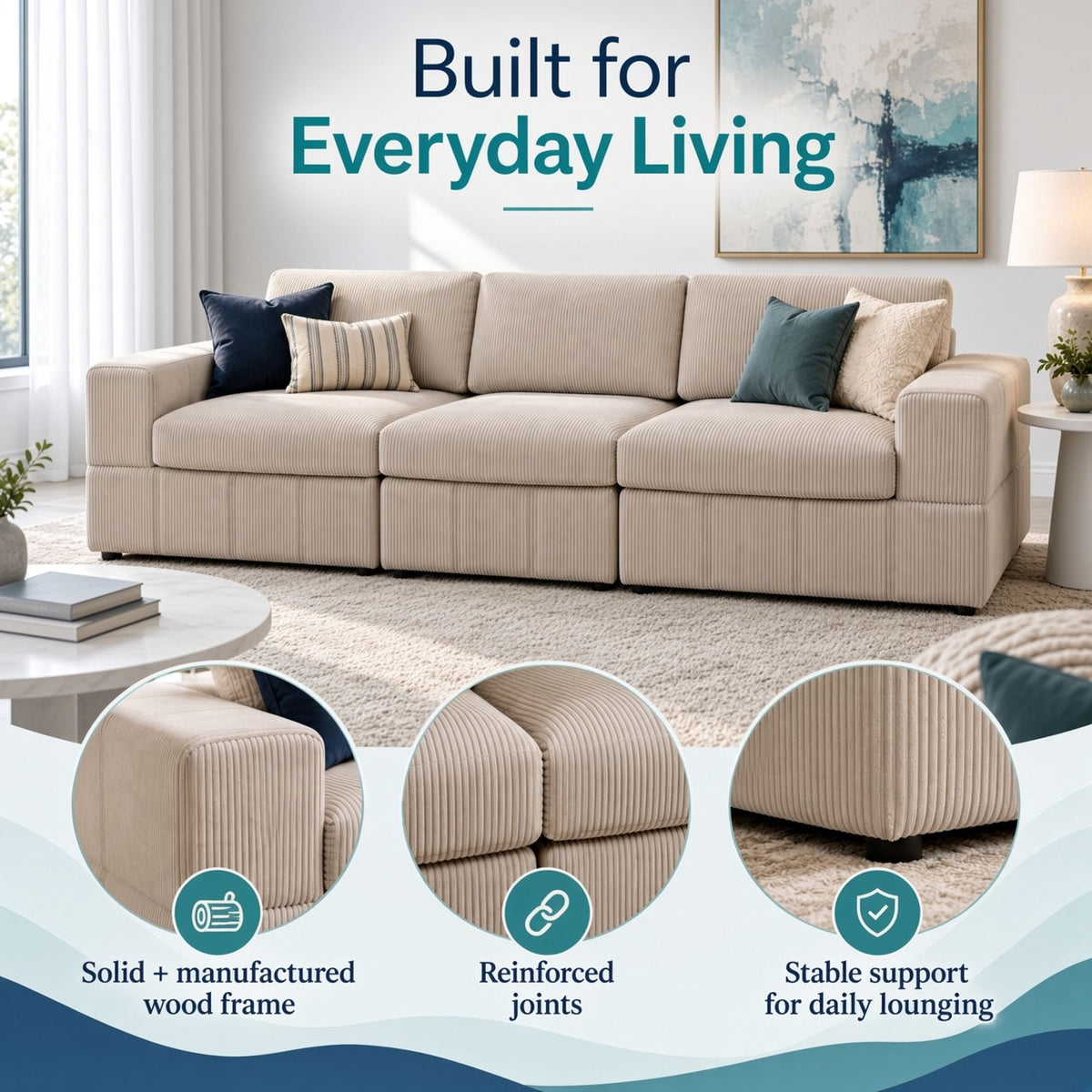 Oversized Modular Sectional Sofa 3 Piece Set, Flexible Layout For Living Room