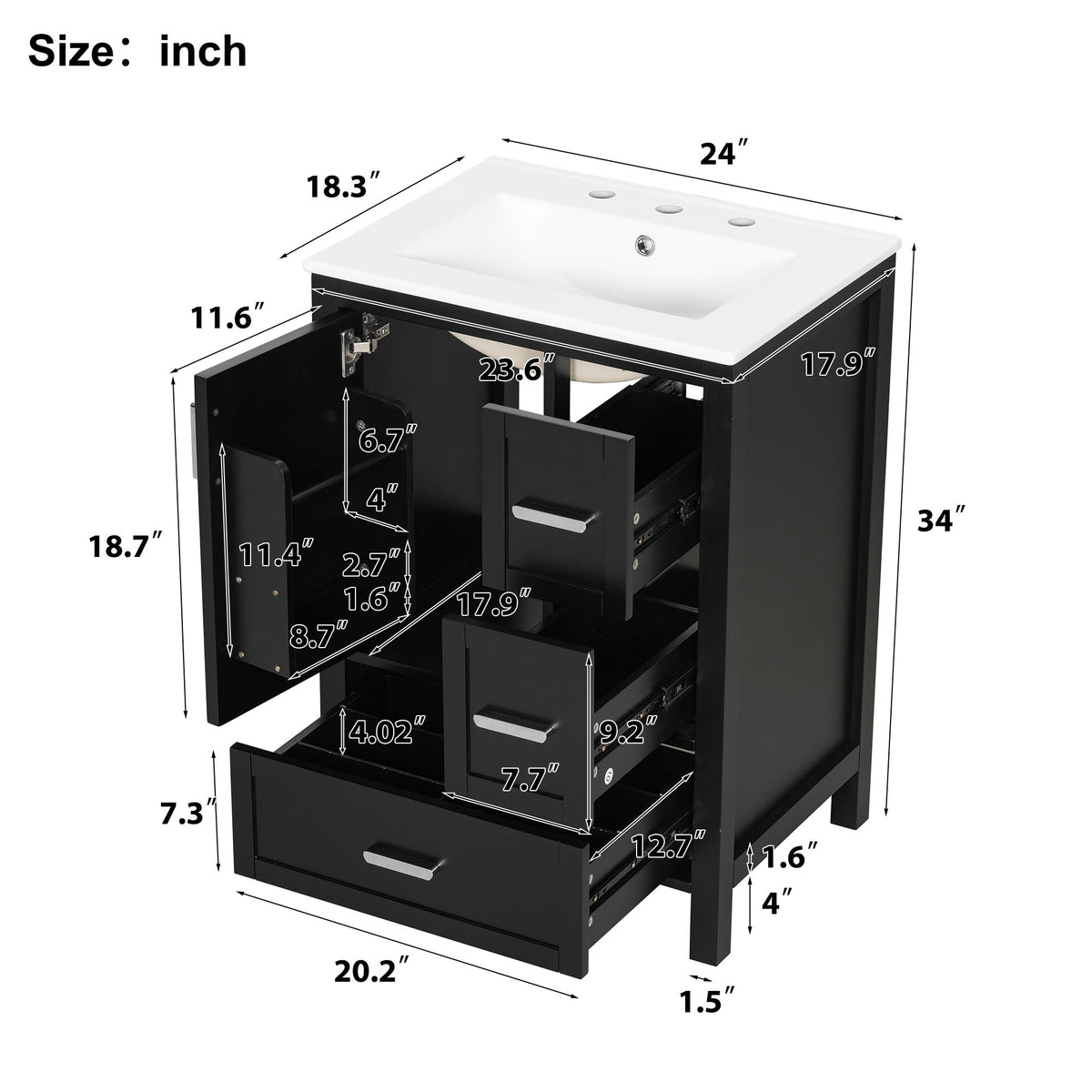 Bathroom Vanity With Sink, Soft-Close Doors, Double-Layer Shelf And 3 Drawers