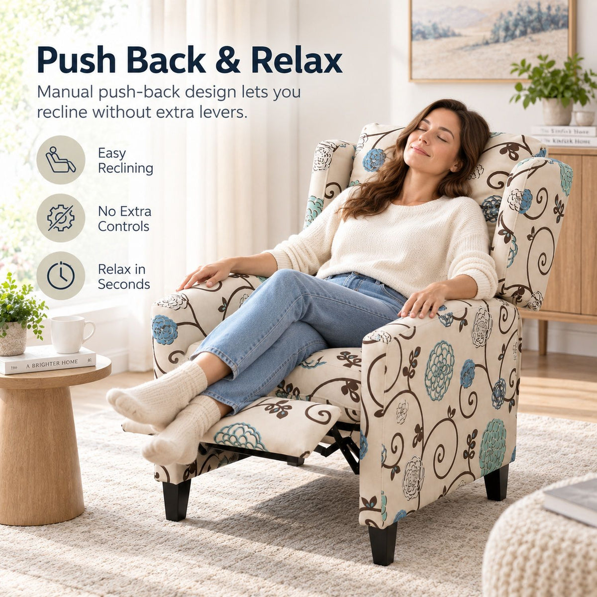 Wingback Recliner Chair With Padded Arms - Beige