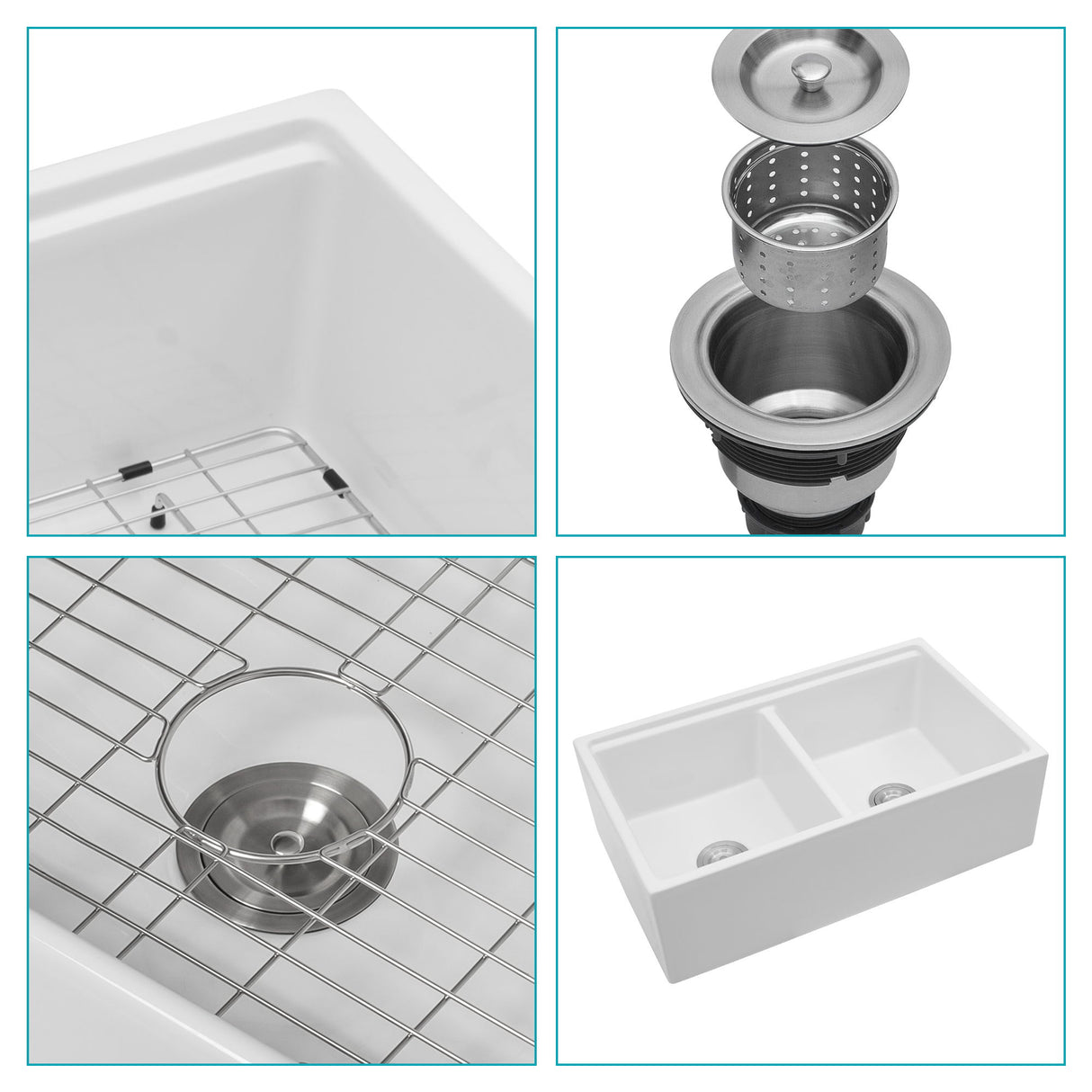 Farmhouse Sink Workstation 33" Ceramic Double Bowl Kitchen Sink With Ledges - White