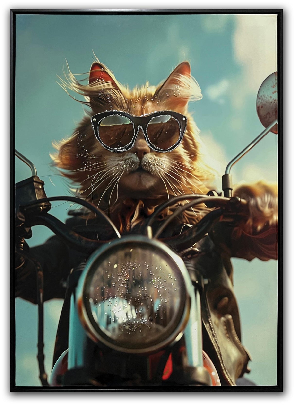 Cat on Motorcycle Gloss Canvas with Rocks in Frame