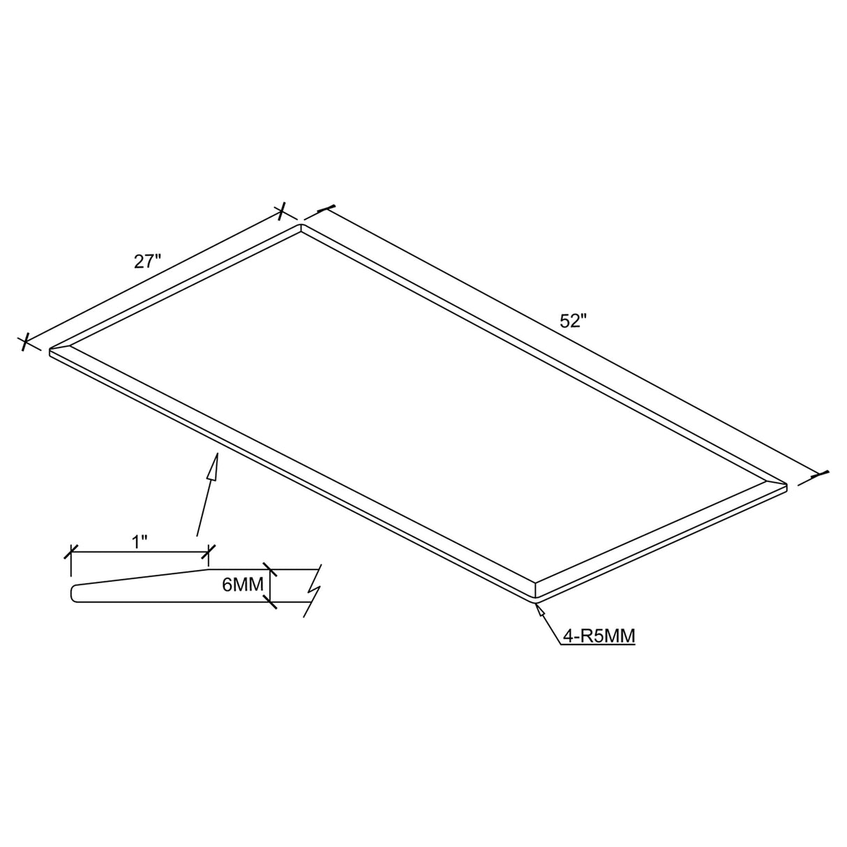 52x27-Inch Clear Tempered Glass Rectangle Table Top, 6mm