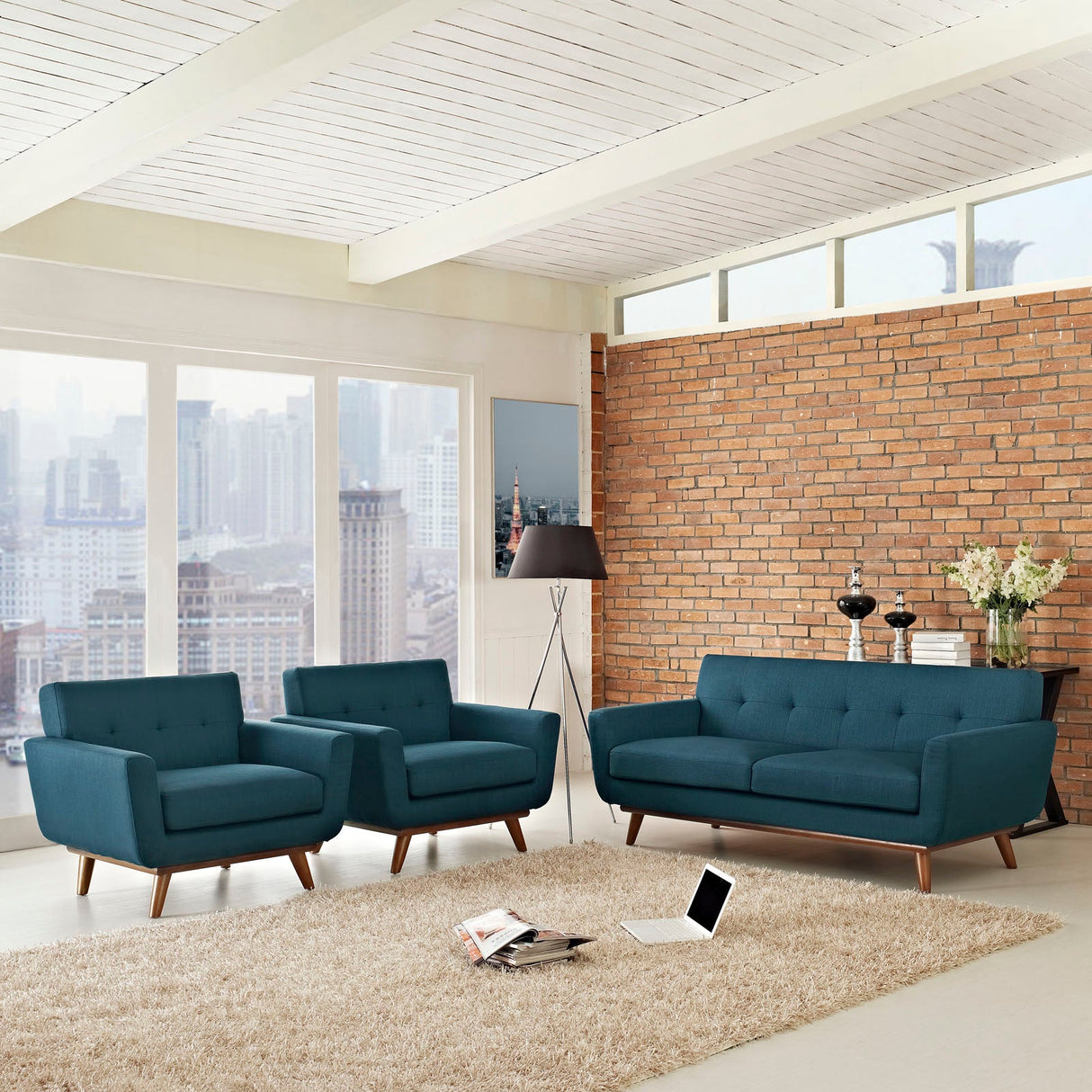 3 Piece 123" Gently Sloping Curved Upholstered Armchairs and Loveseat Set