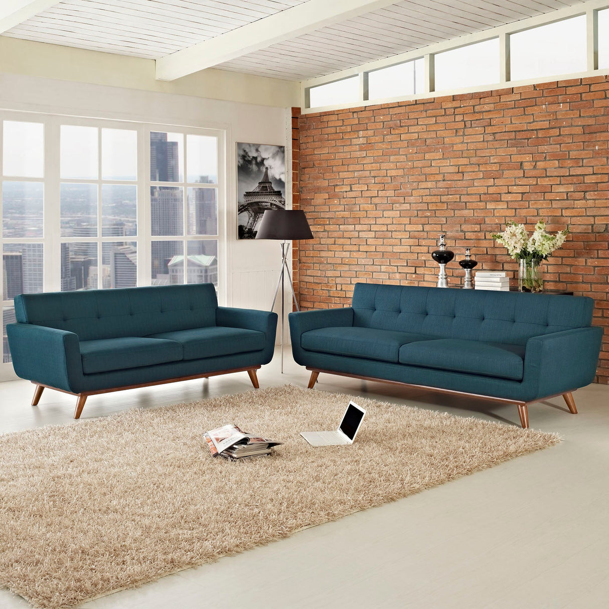 2 Piece 124" Gently Sloping Curved Upholstered Fabric Loveseat and Sofa Set