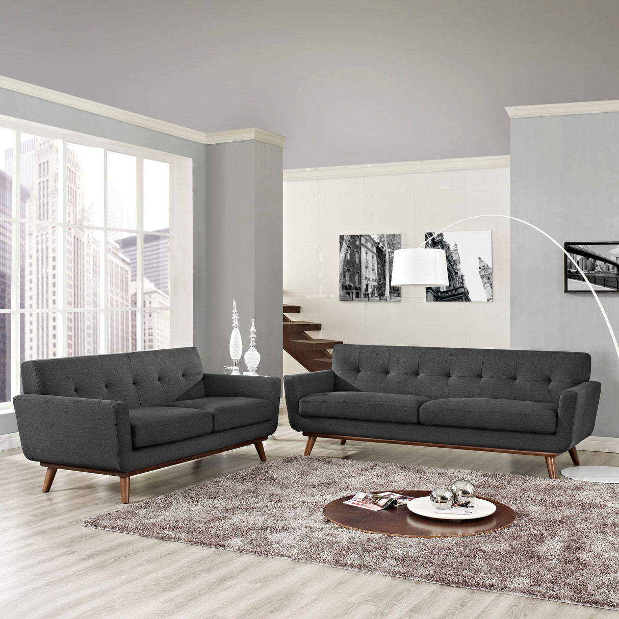 2 Piece 124" Gently Sloping Curved Upholstered Fabric Loveseat and Sofa Set