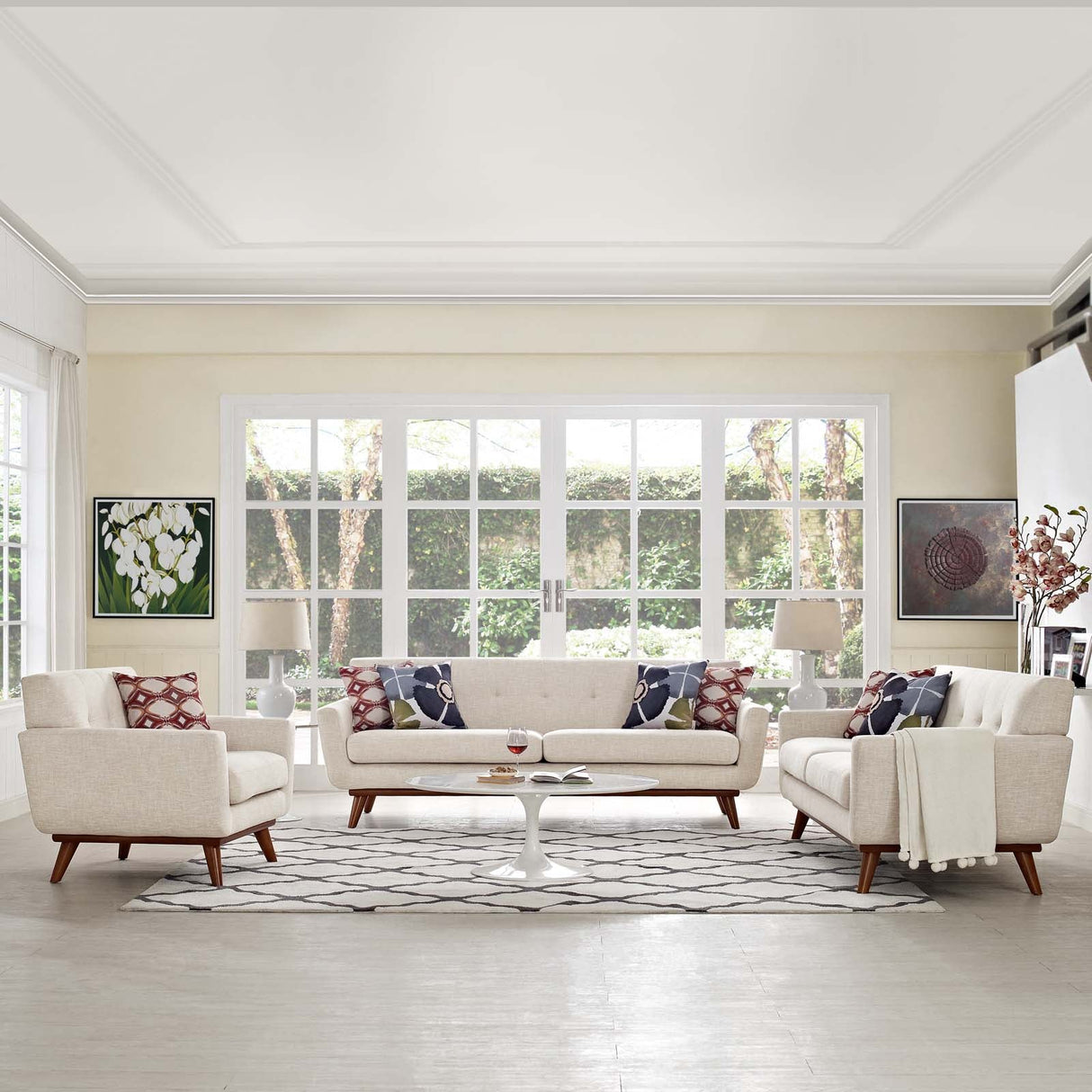 3 Piece 124" Gently Sloping Curved Upholstered Fabric Sofa Loveseat and Armchair Set