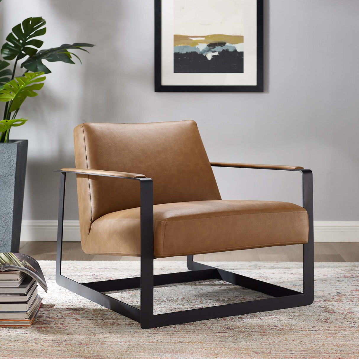 36 Inch Vegan Leather Accent Chair in Tan