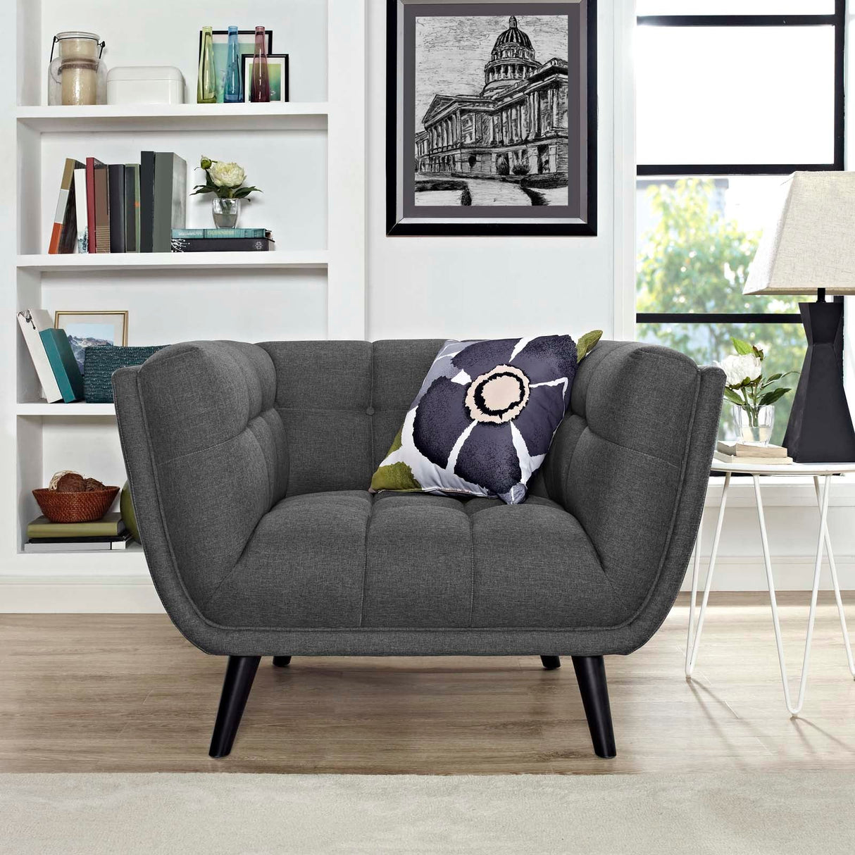 36 Inch Button Tufted Upholstered Fabric Armchair in Gray