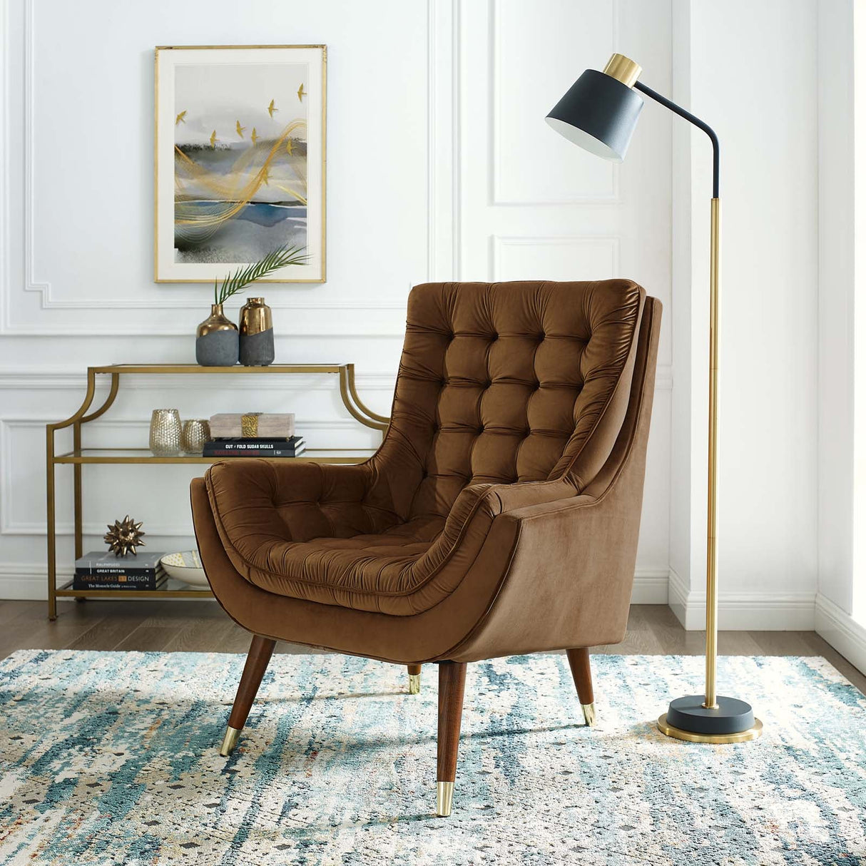 34 Inch Mid-Century Modern Performance Velvet Lounge Chair with Deep Button Tufting and Gold Accents