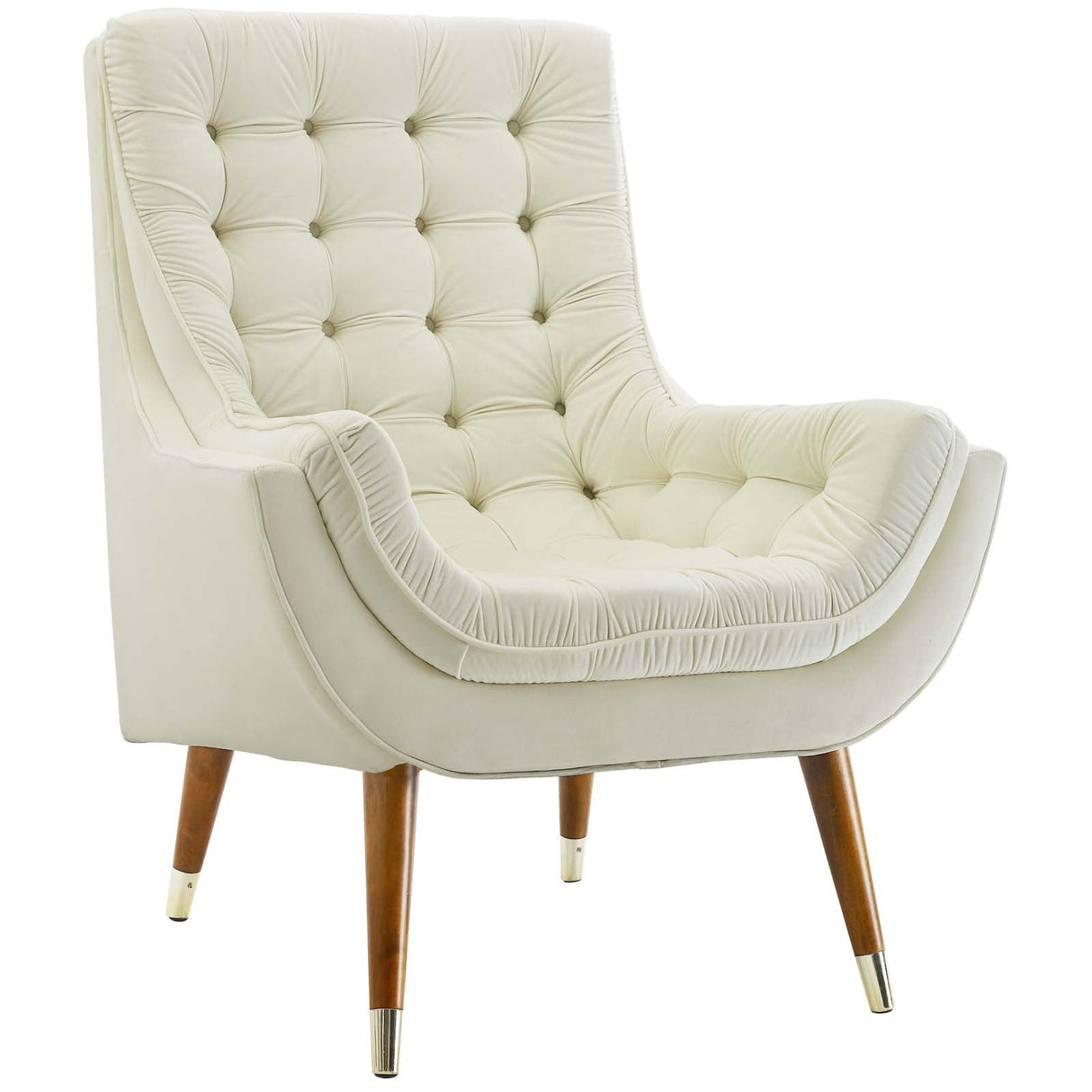 34 Inch Mid-Century Modern Performance Velvet Lounge Chair with Deep Button Tufting and Gold Accents