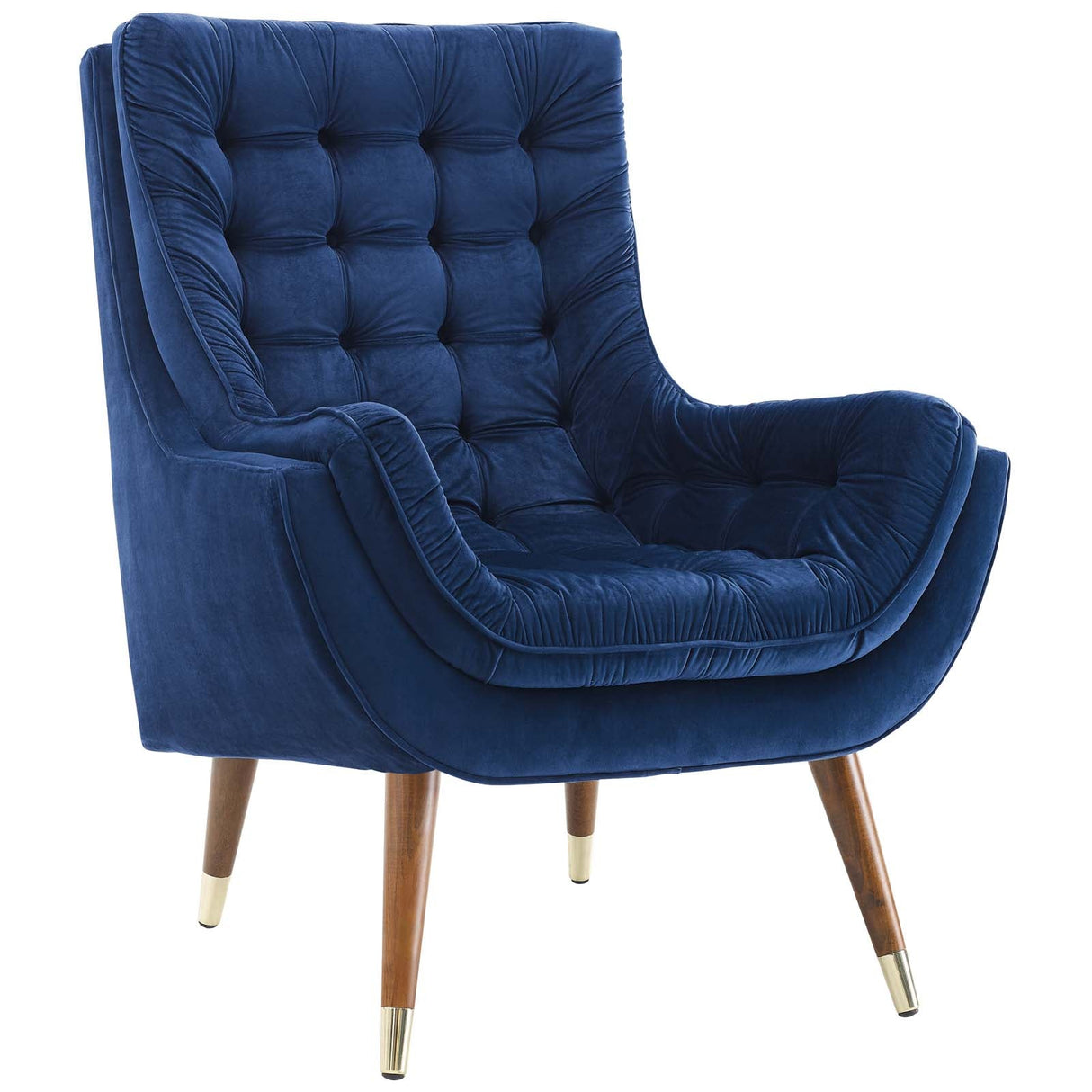 34 Inch Mid-Century Modern Performance Velvet Lounge Chair with Deep Button Tufting and Gold Accents