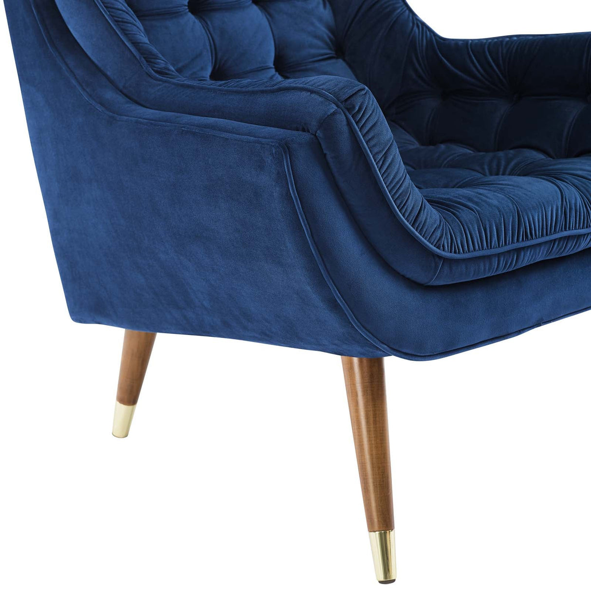 34 Inch Mid-Century Modern Performance Velvet Lounge Chair with Deep Button Tufting and Gold Accents