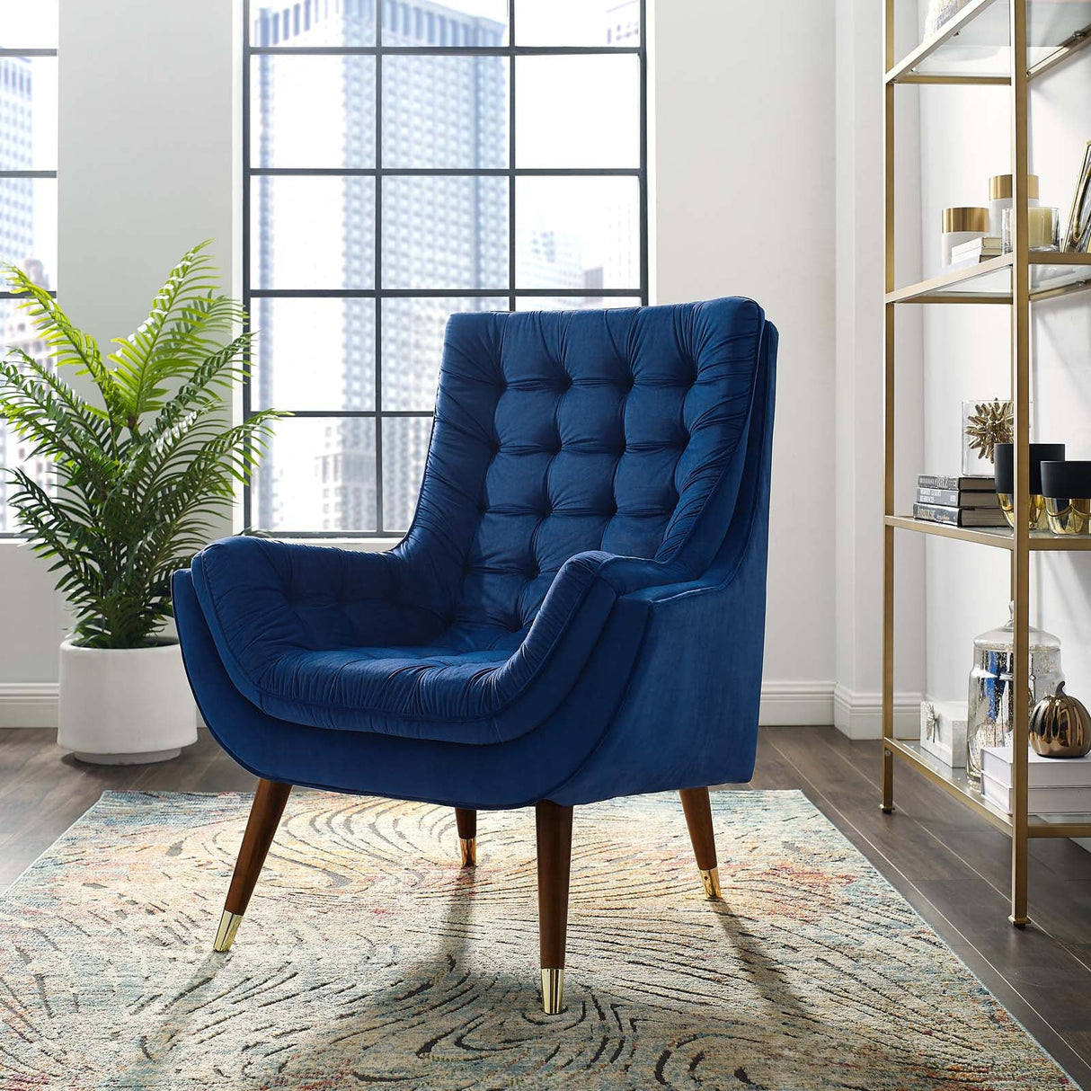 34 Inch Mid-Century Modern Performance Velvet Lounge Chair with Deep Button Tufting and Gold Accents
