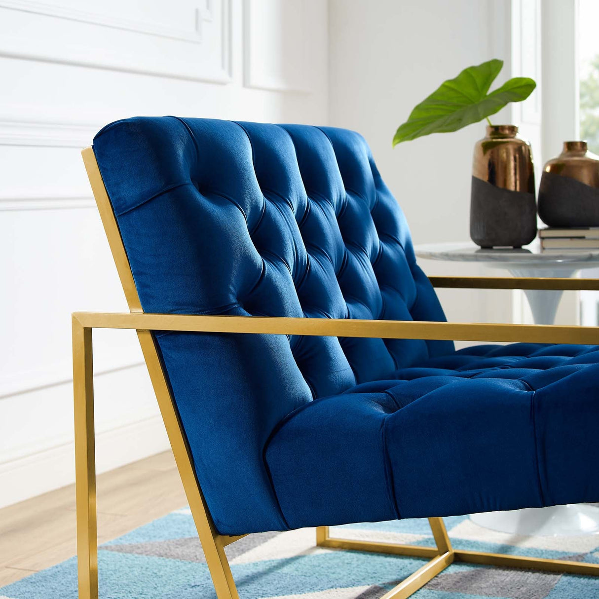 31 Inch Button Tufted Performance Velvet Accent Chair with Gold Frame