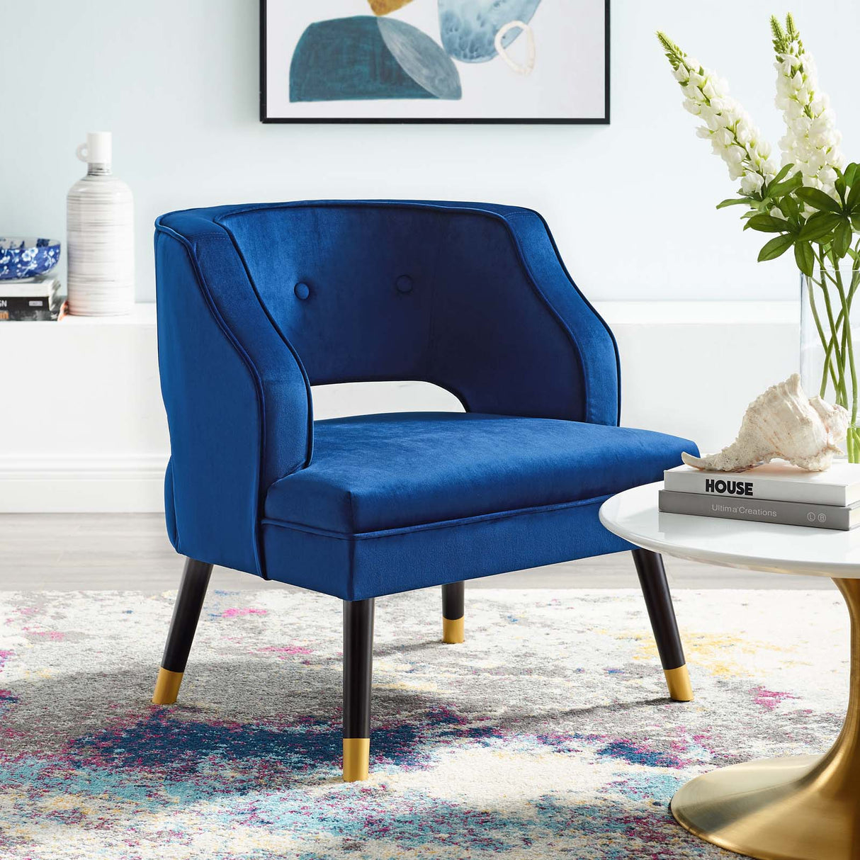28 Inch Button Tufted Open Back Performance Velvet Armchair in Navy