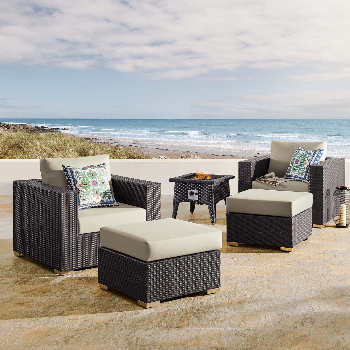 5-Piece Wicker Outdoor Patio Set with Fire Pit and Cushioned Seating Ensemble